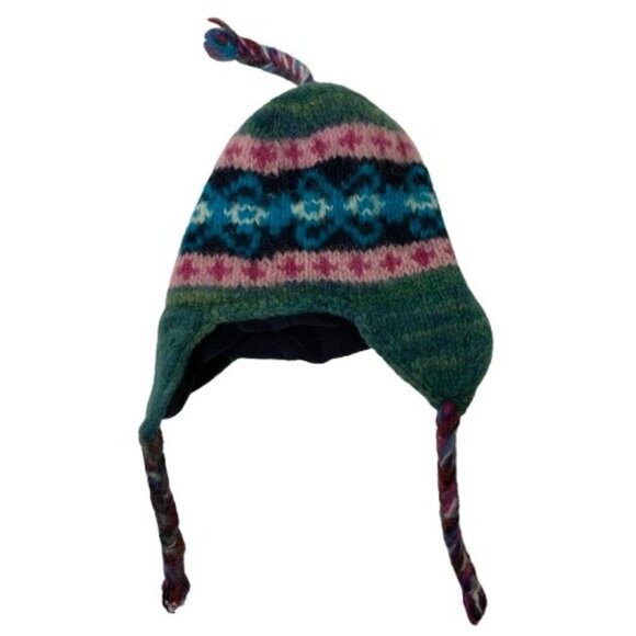 Nepalese Fair Isle 100% Wool Ear Flap Beanie Hat - Picture 1 of 6